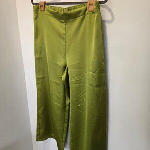 Rachel Zoe Lime Green Satin Cropped Flat Front Elastic Waist Wide Leg Pants  L